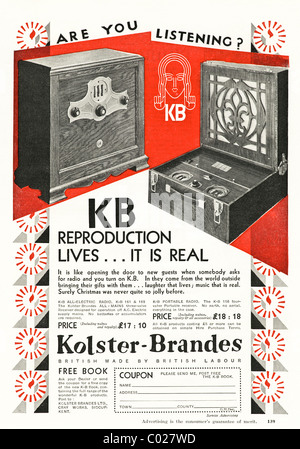 ganzseitige Werbung der 1920er Jahre in Verbraucher-Magazin für KB KOLSTER - britische BRANDES gemacht radio Stockfoto