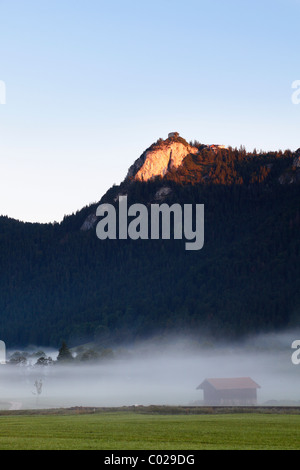 Falkenstein Berg mit der Burg Falkenstein, Pfronten, Blick vom Vilstal Tal in Österreich, Ostallgaeu Bezirk Allgäu Stockfoto