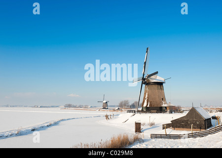 Schöne Winter-Windmühle Landschaft in Schermerhoorn den Niederlanden Stockfoto