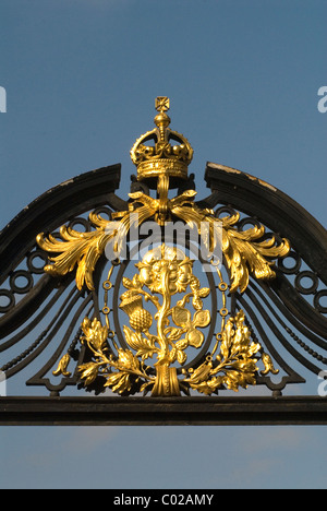 Nationale Embleme des Vereinigten Königreichs. Sie besteht aus vier Symbolen: Der Rose, der Distel, dem Kleeblatt und dem Lauch. Hier gekrönt von der goldenen Königskrone. Gesehen an den Toren des St James’s Park Tores, einem der königlichen Parks Londons. England HOMER SYKES Stockfoto