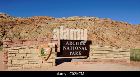 Arches Nationalpark Willkommensschild, Moab, Utah, Südwesten der USA, Vereinigte Staaten von Amerika, USA Stockfoto