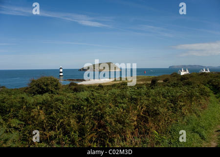 Puffin Island und Penmon Leuchtturm vom Küstenweg Anglesey Stockfoto
