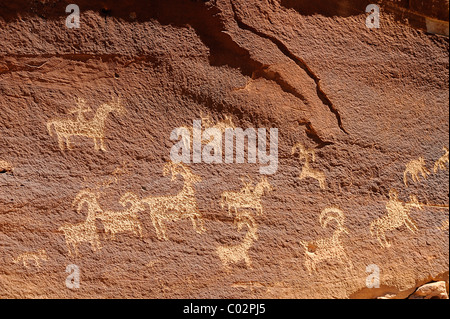 Petroglyphen in Ute Felszeichnungen im Arches National Park in Utah, in der Nähe von Moab, USA Stockfoto