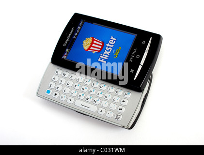 Das Sony Ericsson Xperia Mini Pro Handy auf weißem Hintergrund als einen Ausschnitt der Marke Produktbild mit Flixster Anwendung Stockfoto