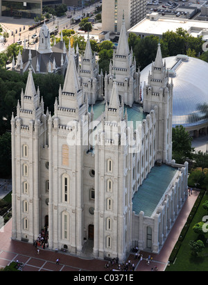 Luftaufnahme der Tempel von der Kirche von Jesus Christus von Heiligen, Kirche Jesu Christi, Tempelplatz, Salt Lake City, Utah Stockfoto