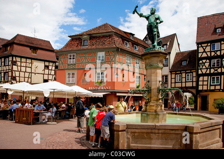 Brunnen vor alten Fachwerkhaus beherbergt, Platz in Colmar, Elsass, Frankreich, Europa Stockfoto