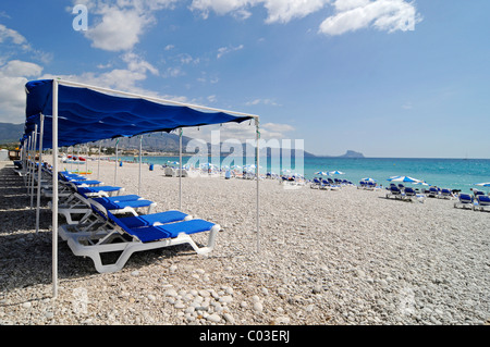Leere blaue Stühle, Sonnenschirme, Kiesstrand, Albir, Altea, Costa Blanca, Alicante, Spanien, Europa Stockfoto