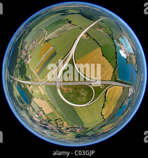 Luftbild, fisheye, sphärisches Panorama, Autobahnkreuz A38, Ausfahrt 28, Brandis, Sachsen, Deutschland, Europa Stockfoto