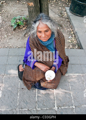 alte indische Mexikanerin, die saubere Kleidung sitzt auf Bürgersteig betteln am Eingang zum Chapultepec-Park-Mexico City-Mexiko Stockfoto