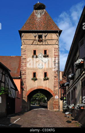 Obertor, alte Torturm mit ein Storchennest auf dem Dach, Grand'Rue, Ammerschwihr, Elsass, Frankreich, Europa Stockfoto