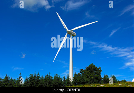 Windkraftanlage auf dem Kamm des Jura-Gebirges Windpark Mont Crosin, St. Imier, Jura, Schweiz Stockfoto