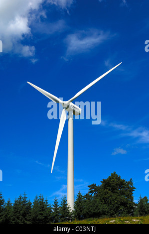 Windkraftanlage auf dem Kamm des Jura-Gebirges Windpark Mont Crosin, St. Imier, Jura, Schweiz Stockfoto