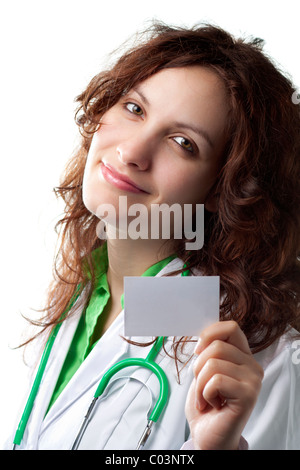 Frau Doktor mit Visitenkarte Stockfoto