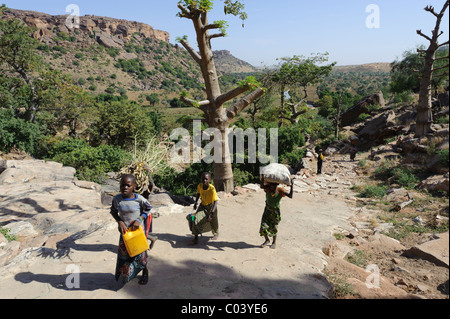 Kinder, die die Bestimmungen in das Dorf Tiogou auf dem Bandiagara-Steilhang. Mali Stockfoto