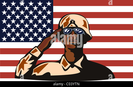 Abbildung des afroamerikanischen Soldaten Gewehr Farbeier amerikanischen Stars und Stripes Flagge Hintergrund Retro-Stil Stockfoto