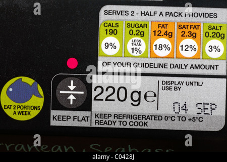 Die Informationen auf der Rückseite der Wolfsbarsch essen Paket, inklusive GDA Guideline Daily Amount mit Ampel farbcodierte System Stockfoto