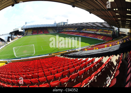 Innenansicht Vicarage Road Stadium, Watford, Heimat des Watford Football Club und Saracens Rugby Football Club Stockfoto