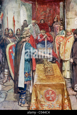 Sächsische Führer Harold hält seine Hand über den Schatullen, als William König von England, sieht auf von seinem Thron. Stockfoto
