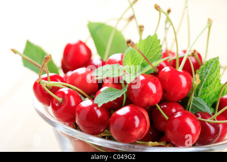 Schüssel mit frisch gepflückten roten Kirschen Stockfoto