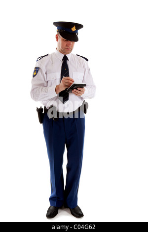 Niederländische Polizei-Offizier Parkschein ausfüllen. auf weißem Hintergrund Stockfoto