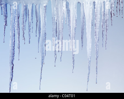 Schmelzende Eiszapfen auf hellblauem Hintergrund isoliert Stockfoto
