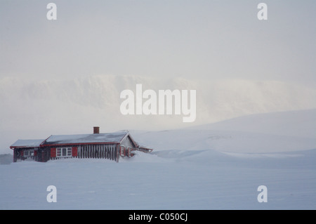 Ferienhütte im Vordergrund des Hallingskarvet Berg, Ustaoset, Norwegen. Stockfoto