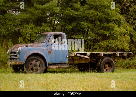 Ein rostige der 1950er Jahre Vintage Bauernhof verwenden blauen Dodge Ram Tieflader in einem Feld entlang einer Linie der Baum in der Nähe von Virginia Blue Ridge Parkway. Stockfoto