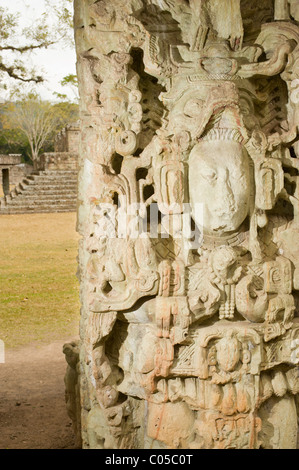 Maya-Skulptur (Detail) in Copan Ruinas Welt Erbe archäologischen Park, Honduras, Mittelamerika. Stockfoto