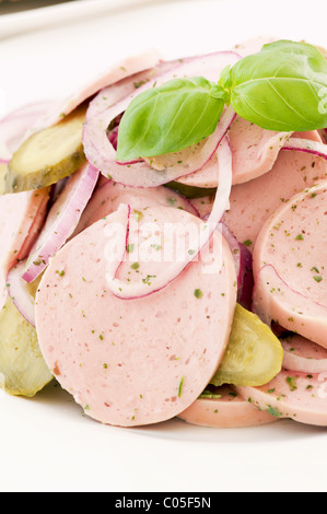 Bayerische Wurst Saland mit Zwiebelringen als Closeup auf weißen Teller Stockfoto