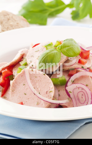 Bayerische Wurst Saland mit Gurke und Paprika als Closeup auf weißen Teller Stockfoto