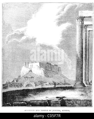 Vintage Gravur auf die Akropolis und der Tempel des Jupiter-Athen, Griechenland Stockfoto