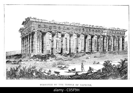 Vintage Gravur von der Säulenhalle der Tempel des Neptun Paestum, Kampanien, Italien Stockfoto