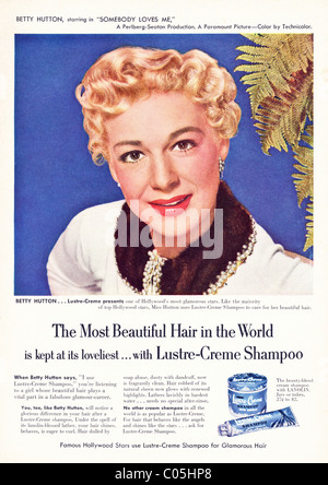 Original 1950er Jahre ganzseitige Anzeige in der amerikanischen Verbraucher-Magazin für Glanz-CREME SHAMPOO mit Film-star BETTY HUTTON Stockfoto