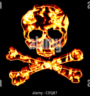 Eine flammende Totenkopf-Illustration über schwarz isoliert. Stockfoto