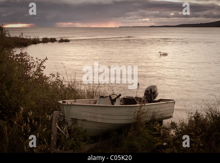 Einsame Boot und Schwan in Kanadas Georgian Bay am Lake Huron. Es ist früh am Morgen vor Sonnenaufgang und keine Menschen sind, um Stockfoto