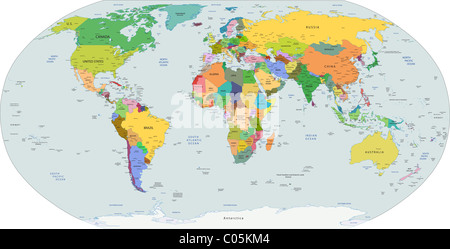 Politische Weltkarte der Welt, Hauptstädte und Großstadt enthalten, Vektor Stockfoto