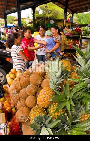 EL VALLE de ANTON, PANAMA - Ananas auf dem Display und Menschen am Markt. Stockfoto