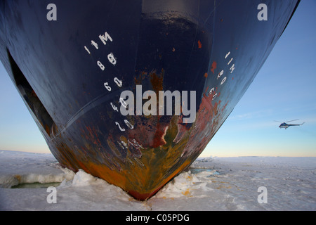 Rumpf der Eisbrecher auf Eis, mit Hubschrauber, Oktober, Weddellmeer, Antarktis. Stockfoto