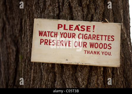 Alte Mode keine Raucher-Schild an einem Baum im Northwoods Wisconsin. Stockfoto