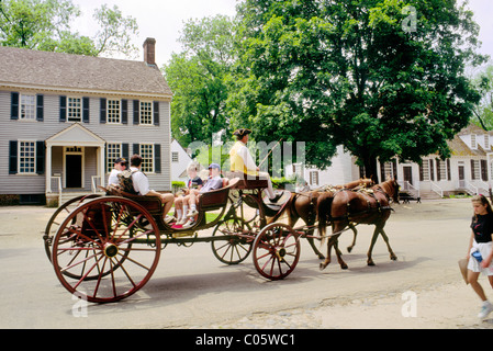 Colonial Williamsburg, Virginia, USA. Lebendige Geschichte Re-Enactment touristischen Pferdekutsche auf Duke of Gloucester Street Stockfoto