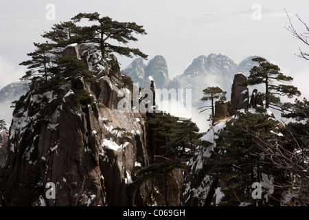 Klare Sicht der Huangshan-Berg im Winter zeigen die Berge und die Bäume sind mit Schnee bedeckt sinkt. Stockfoto