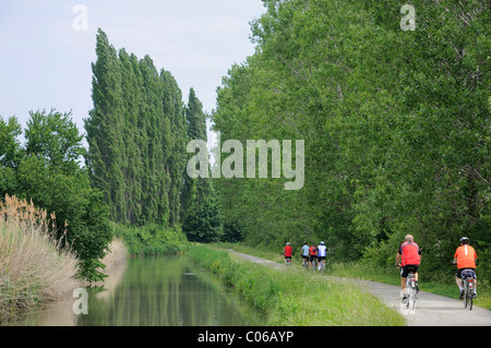 Radfahrer reiten entlang der thermischen route Radweg vorbei an der Wiener Neustädter Kanal, Bad voeslau, Lower Austria, Austria, Europa Stockfoto