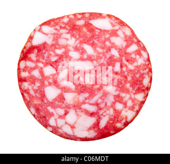 Scheibe Salami isoliert auf weißem Hintergrund Stockfoto