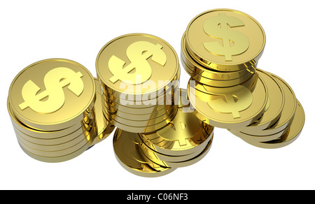 Stapel von Dollar Goldmünzen isoliert auf weißem Hintergrund Stockfoto