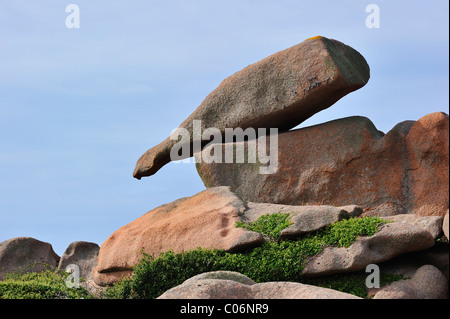 Die Felsformation La Bouteille / The Bottle entlang der Côte de Granit rose / rosa Granit Küste in Ploumanac'h, Bretagne, Frankreich Stockfoto