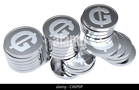 Stapel von Silbermünzen isoliert auf einem weißen Hintergrund. Stockfoto