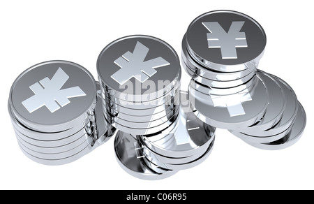 Stapel von Yen-Silbermünzen, die isoliert auf weißem Hintergrund Stockfoto