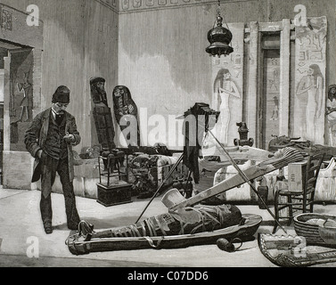 Fotograf, ein Porträt einer Mumie vorbereiten. 19. Jahrhundert-Gravur. Stockfoto