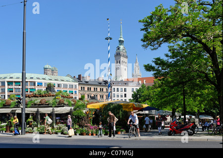 Kann Pol vor dem Turm der Peterskirche Kirche, Viktualienmarkt Lebensmittel, München, Oberbayern, Deutschland, Europa zu vermarkten Stockfoto