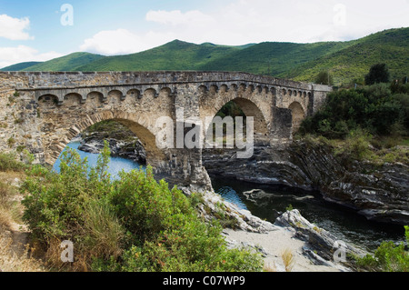 Alte Steinbrücke über Tavignano Fluss Niolo, Corte, Korsika, Frankreich, Europa Stockfoto